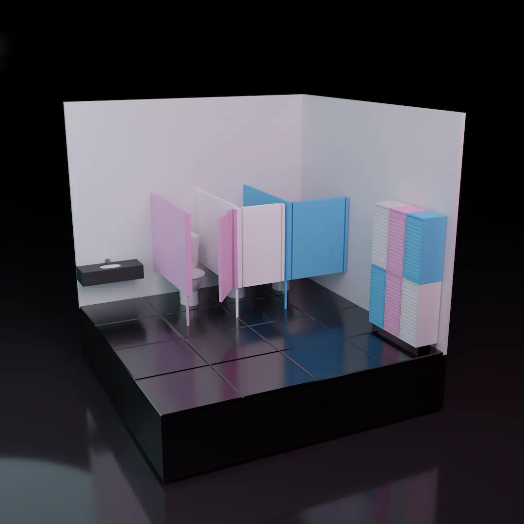 3D micro scene of a bathroom stalls styled in the colors of the trans flag