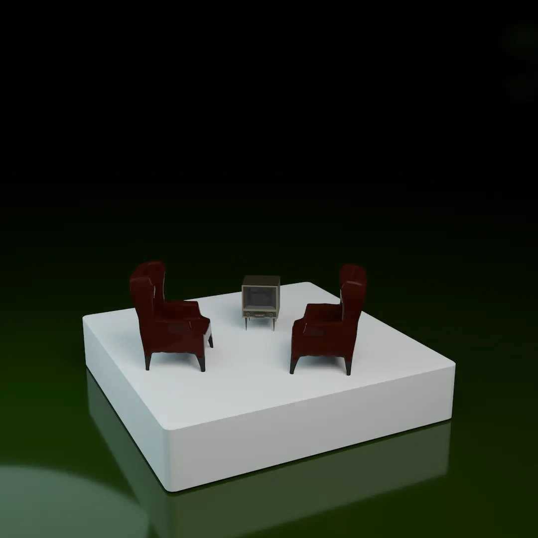 3D micro scene of two chairs next to a tv on a white background, imitating a scene from the Matrix